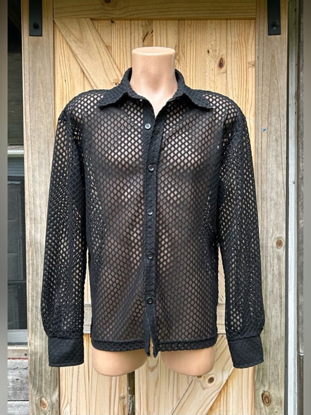 Vntg 90s Morbid Threads Hot Topic Mens Black Sheer Mesh Goth Long Sleeve Shirt~L